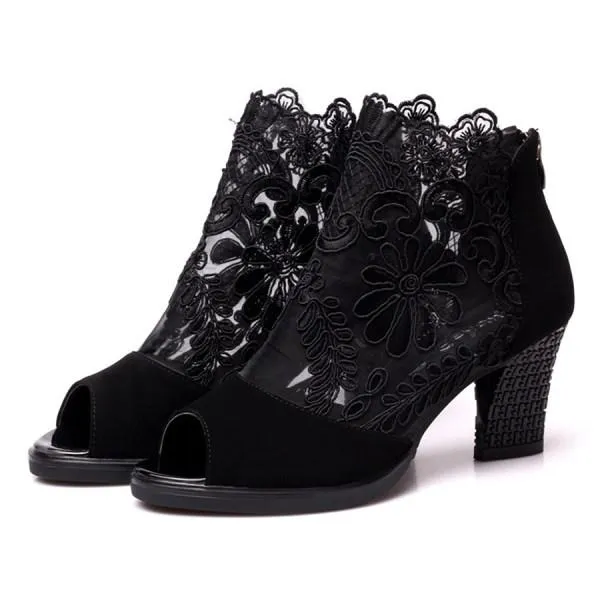 Women'S Chunky Heel Open Toe Lace Sandals 29617810