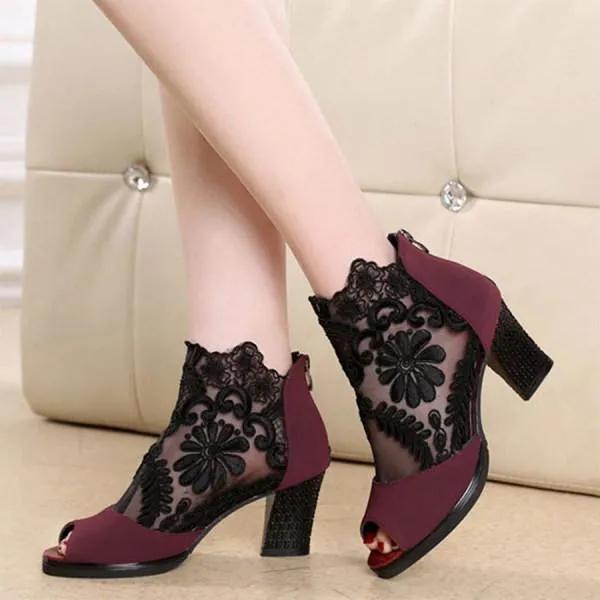 Women'S Chunky Heel Open Toe Lace Sandals 29617810
