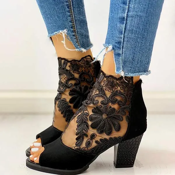 Women'S Chunky Heel Open Toe Lace Sandals 29617810