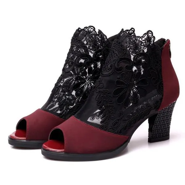Women'S Chunky Heel Open Toe Lace Sandals 29617810