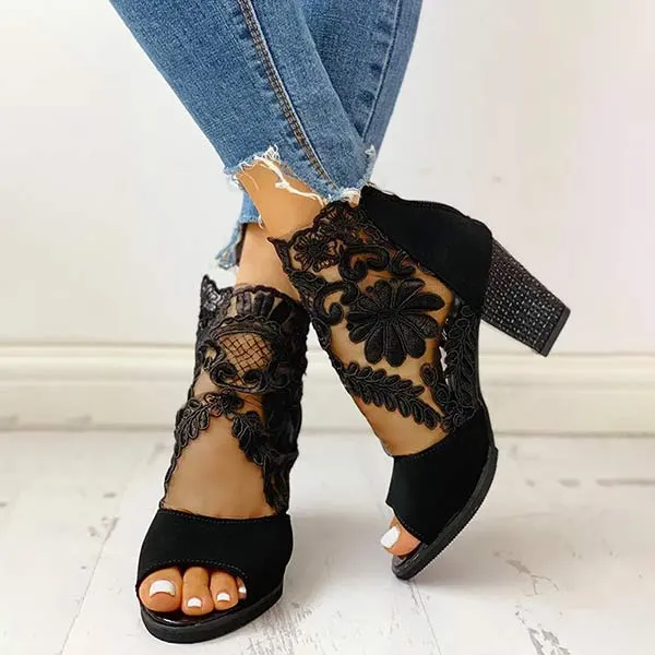 Women'S Chunky Heel Open Toe Lace Sandals 29617810