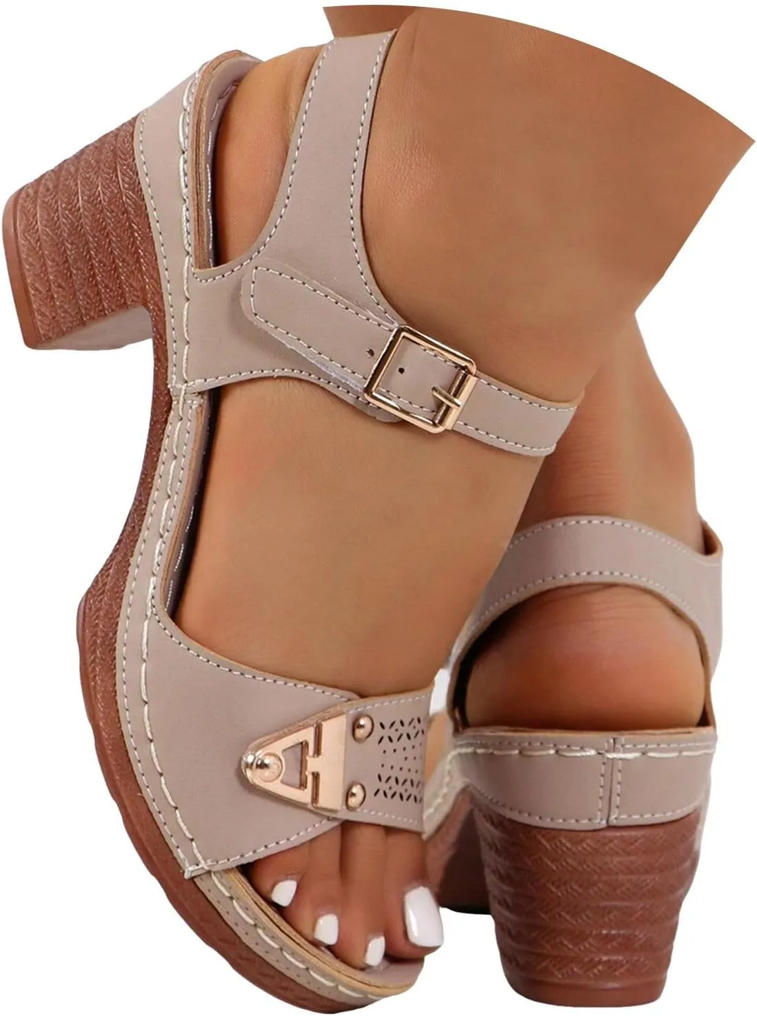 Women'S Strappy Low Chunky Block Heel Sandals Open Toe Solid Color Hollow Out Adjustable Strap Sandals Adjustable Straps Beach Vacation Travel Outdoor High Heel Dress Sandals