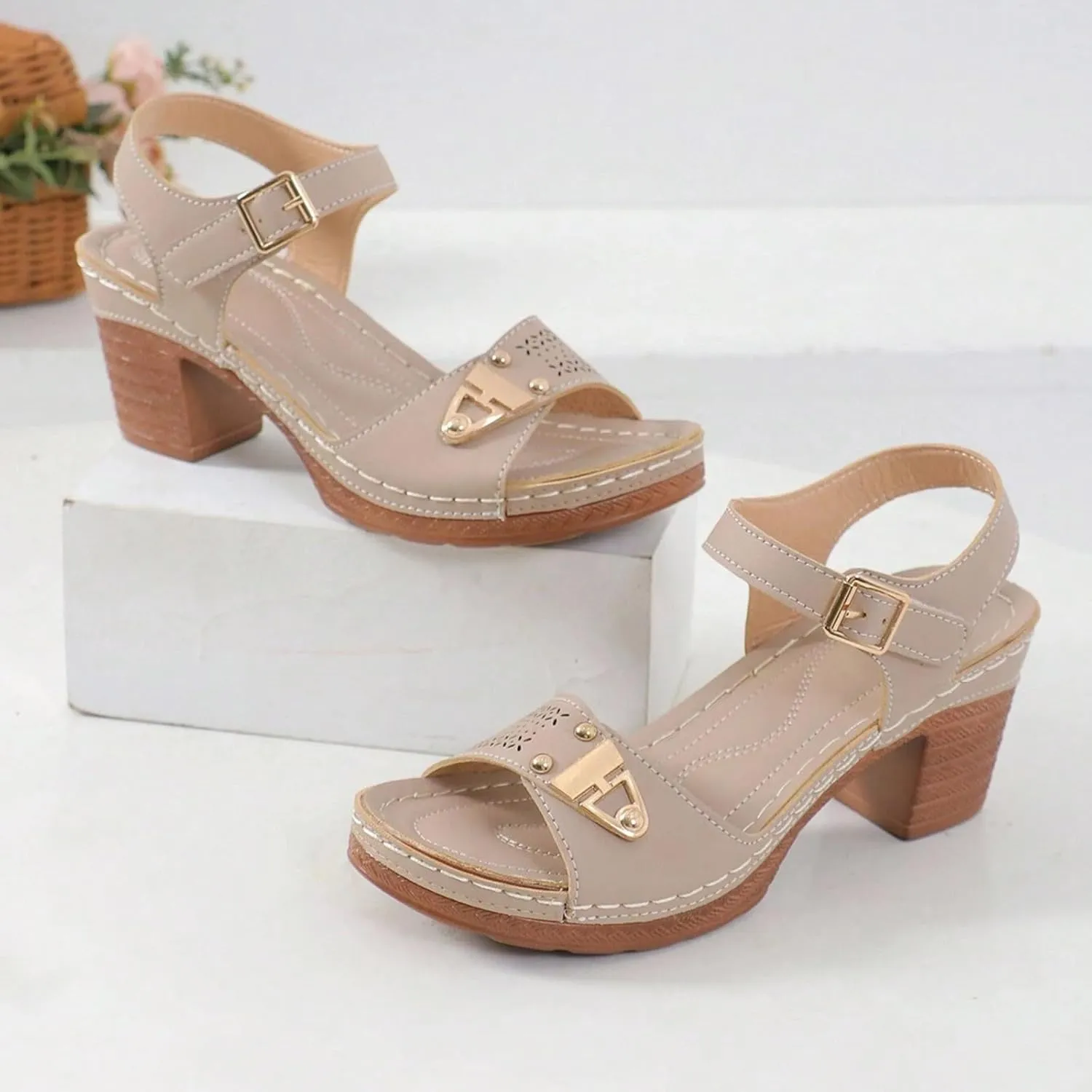Women'S Strappy Low Chunky Block Heel Sandals Open Toe Solid Color Hollow Out Adjustable Strap Sandals Adjustable Straps Beach Vacation Travel Outdoor High Heel Dress Sandals