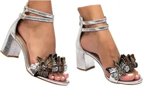 Women's Summer Casual Chunky Heels Sandals Low Chunky Heels Slingback Dress Shoes Fashionable Butterfly Decoration Back Zipper Strappy Sandals for Wedding Beach Vacation