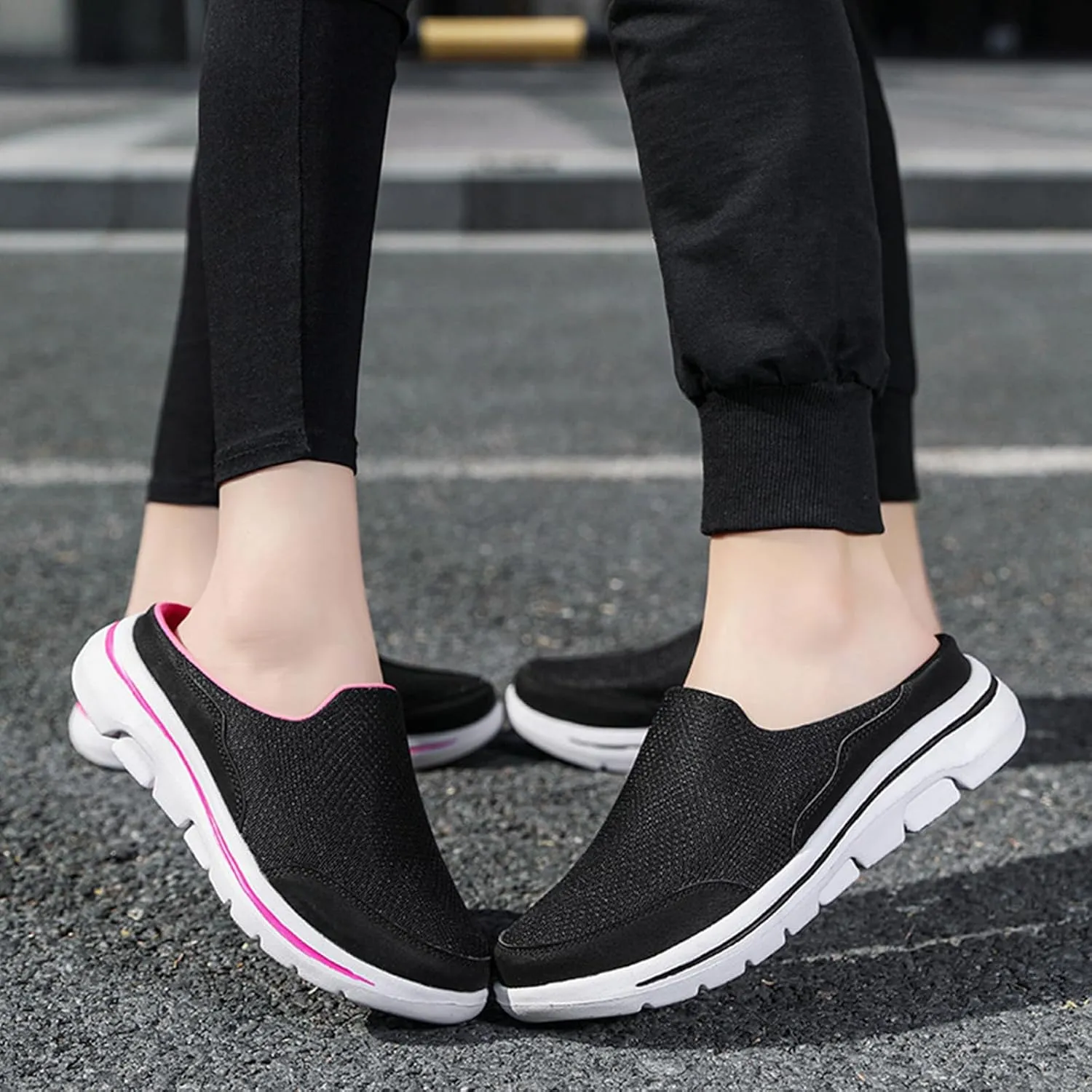 Womens Walking Shoes Breathable Mesh Mules Lightweight Open Back Slippers Casual Comfortable Wedge Mules Knitted Closed Toe Slip On Clogs Orthopedic Diabetic Shoes with Arch-Support