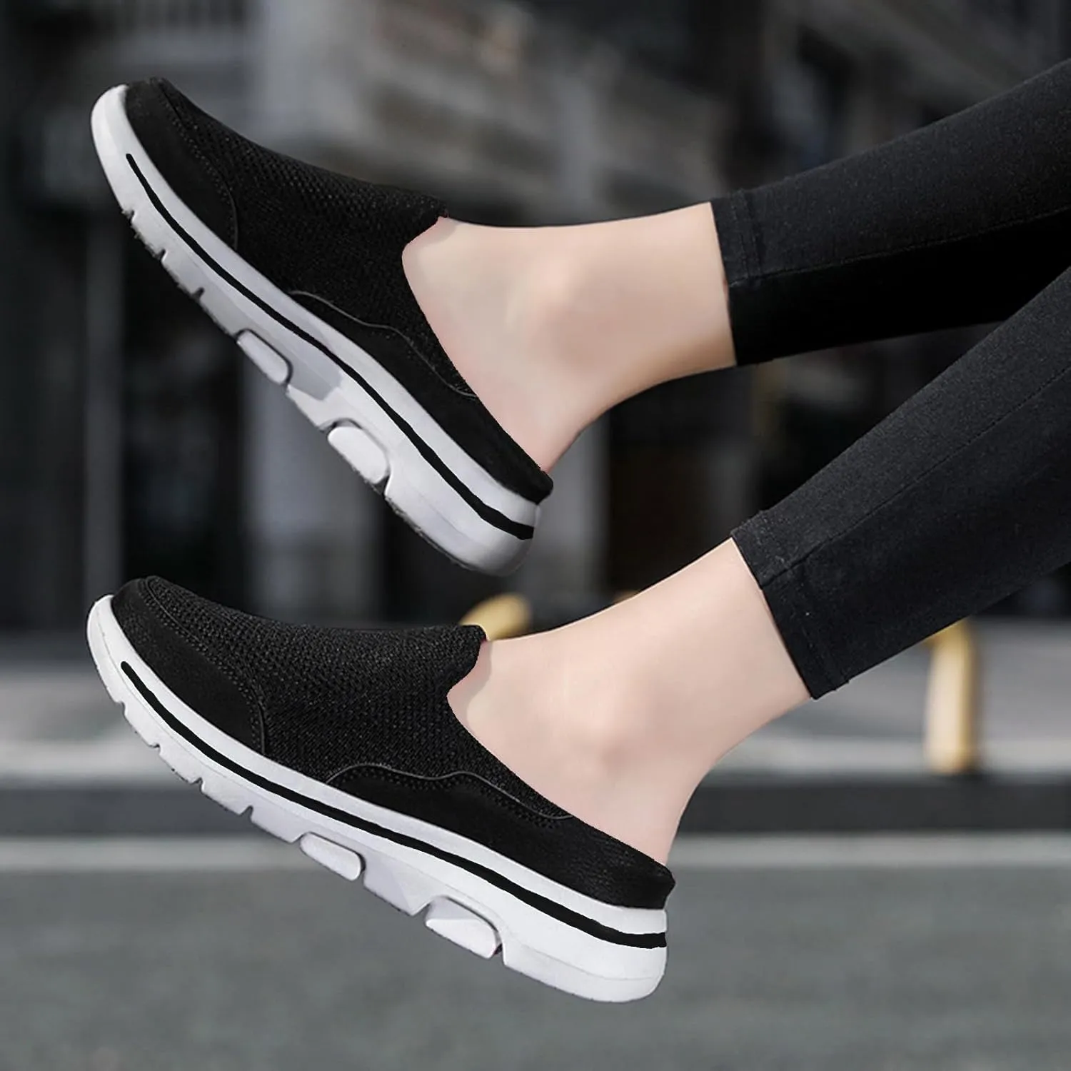 Womens Walking Shoes Breathable Mesh Mules Lightweight Open Back Slippers Casual Comfortable Wedge Mules Knitted Closed Toe Slip On Clogs Orthopedic Diabetic Shoes with Arch-Support